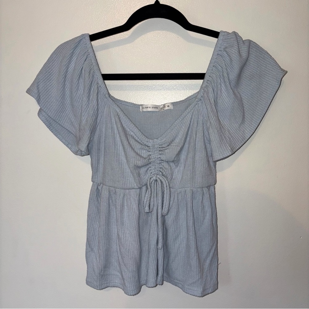 Altar'd State Light Blue Flutter Sleeve Drawstring Top